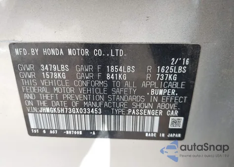 2016 Honda Fit Ex from USA, damaged, VIN JHMGK5H73GX033453